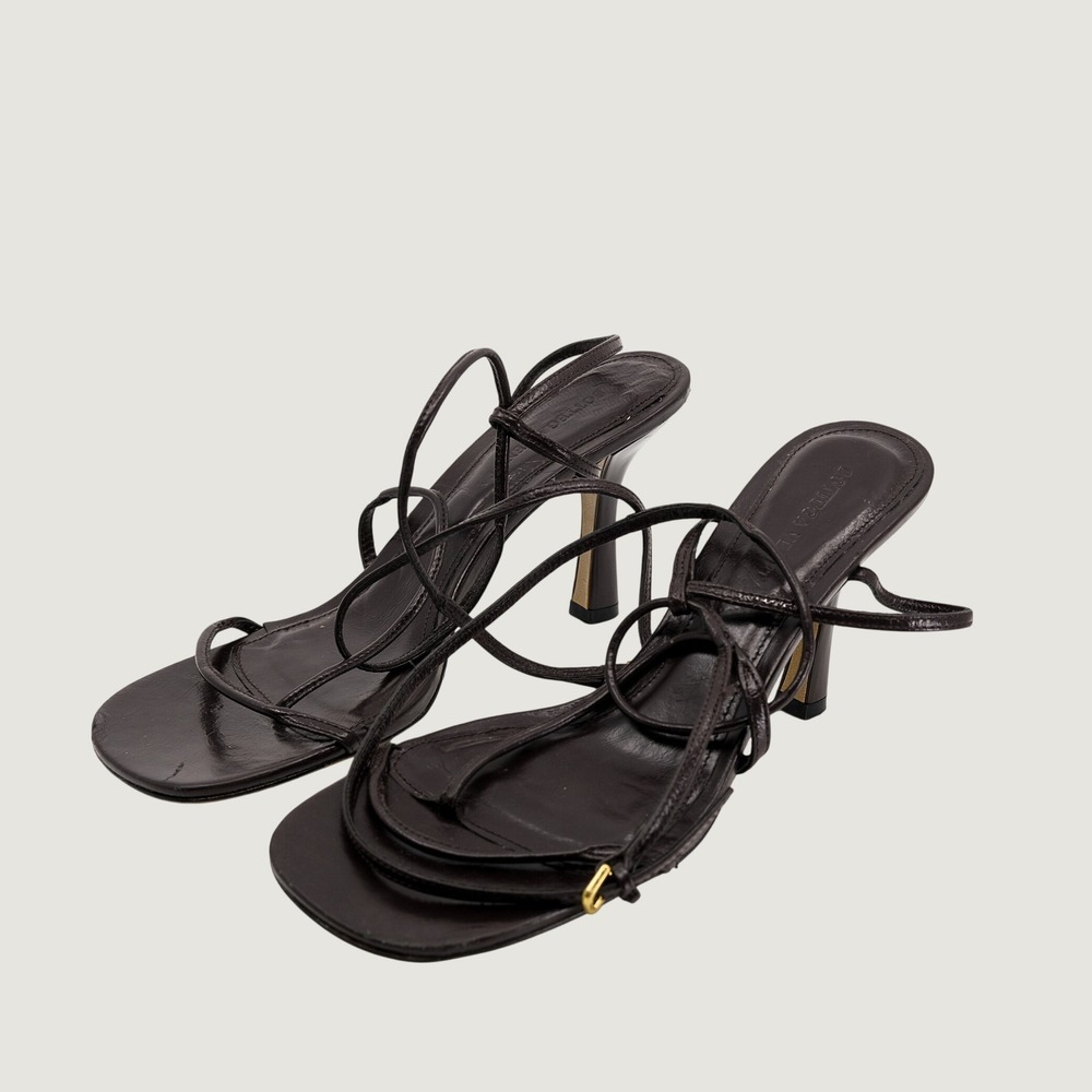 Bottega Veneta Strappy Sandals Square Toe Dark Brown Leather Heel Size 38 Italy